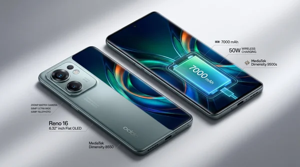Infographie promotionnelle de l'OPPO Reno 16 mettant en avant sa batterie de 7000 mAh