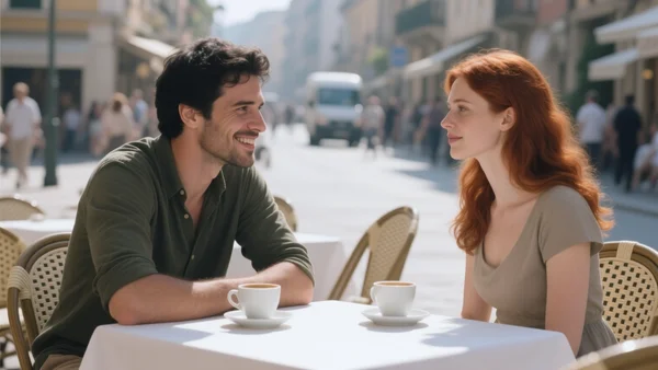Deux personnes attablées dans un café en terrasse, l'une se tournant vers l'autre avec un sourire hésitant, prête à engager la conversation, les tasses et la rue animée en arrière-plan.
