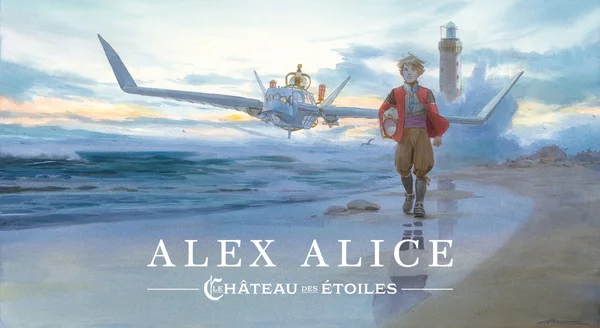 Illustration d'Alex Alice représentant un garçon sur une plage avec un hydravion et un phare.