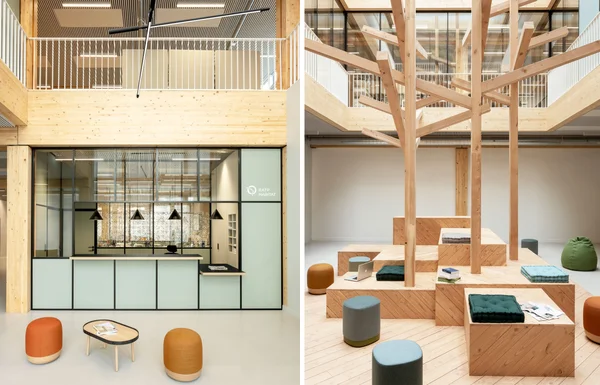 Intérieur du nouveau siège de RATP Habitat, alliant bois, verre et couleurs.
