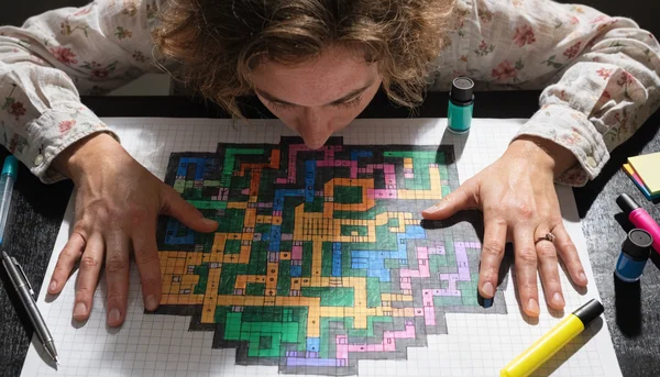 Vue plongeante sur un donjon médiéval dessiné sur une grille, avec salles, couloirs et portes, généré par un outil numérique