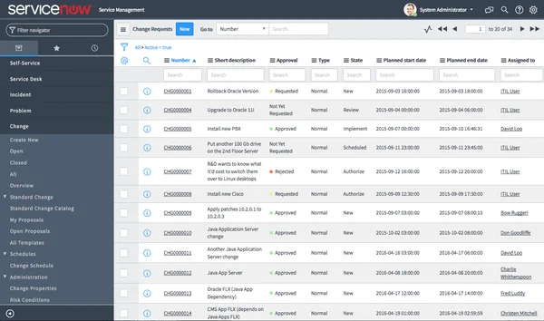 Interface ServiceNow : liste des demandes de changement.