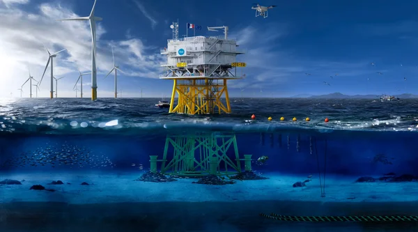 Illustration en coupe d'un parc éolien en mer, avec turbines et structures sous-marines.