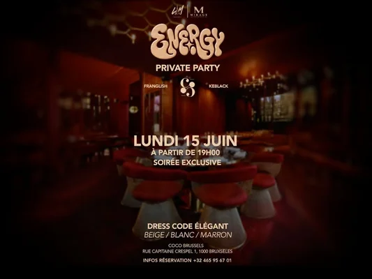 Affiche de la soirée Energy Party réunissant Franglish et KeBlack à Bruxelles.