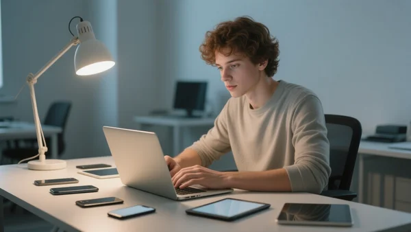 Jeune adulte assis à un bureau, regardant un ordinateur portable, plusieurs smartphones et tablettes autour, chambre moderne éclairée par une lampe de bureau