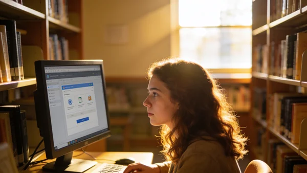 Un étudiant assis devant un ordinateur dans une bibliothèque universitaire, l'écran affiche une plateforme de candidature, expression concentrée, lumière naturelle venant d'une fenêtre