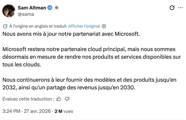 Tweet de Sam Altman annonçant un partenariat mis à jour avec Microsoft.