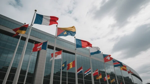 Façade moderne du Parlement européen à Bruxelles sous un ciel nuageux, drapeaux des pays membres flottant au vent, plan large