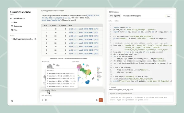 Interface de Claude Science, un poste de travail IA pour scientifiques développé par Anthropic.