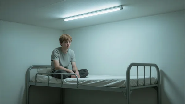 Jeune homme assis seul sur un lit superposé dans un centre d'hébergement spartiate, lumière blafarde d'un néon au plafond, expression préoccupée, plan moyen