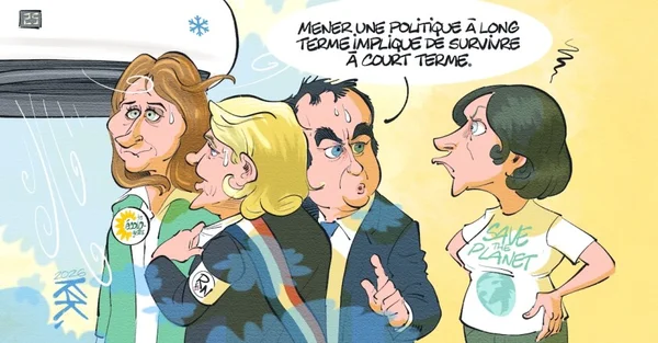 Caricature de Marine Le Pen, Ursula von der Leyen et d'autres dirigeants européens réagissant à une déclaration politique.