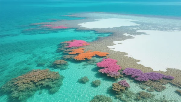 Vue aérienne d'un récif corallien aux eaux cristallines, avec des zones de corail vivant aux teintes vives et des zones blanches de blanchissement, dans un océan bleu turquoise. L'intention éditoriale est de montrer la réalité contrastée des récifs entre survie et menace, ton informatif et porteur d'espoir.