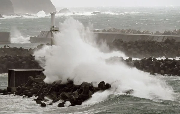 Une vague déferlante frappe un brise-lames en tétrapodes, soulevant une gerbe d'eau près d'un phare.
