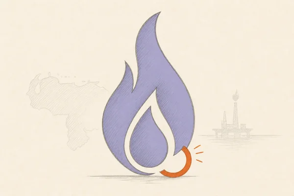 Illustration d'une flamme violette stylisée avec des esquisses de carte et de plateforme offshore.