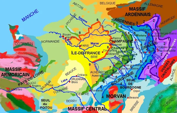 Carte géologique et régionale de la France montrant les massifs et le Bassin parisien.