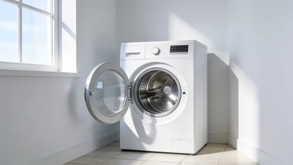 Lave-linge blanc dans une petite buanderie minimaliste, porte ouverte laissant voir le tambour vide, lumière naturelle douce