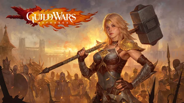 Illustration de Guild Wars Reforged avec une guerrière affrontant une armée en fond de ville en feu.