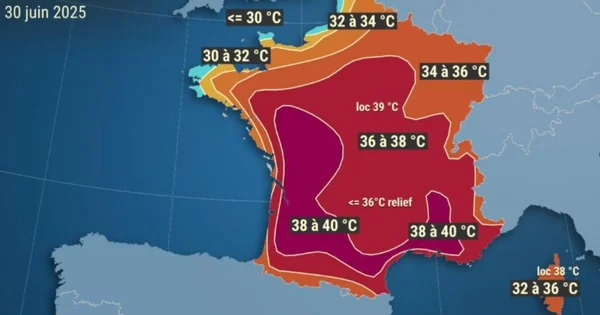 Carte de prévisions météo de France pour le 30 juin 2025.