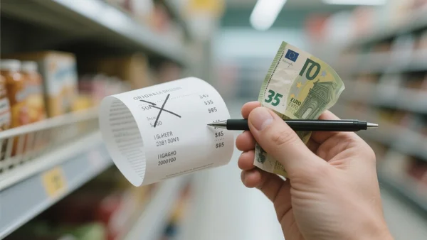Ticket de caisse déroulé avec des prix barrés et des montants augmentés, main tenant un billet de 35 euros froissé, fond flou de rayonnages de supermarché