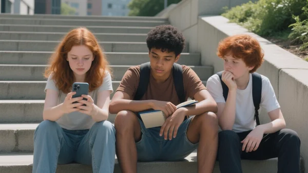 Groupe de jeunes étudiants assis sur des marches en extérieur, discutant animément, certains tenant des téléphones et des carnets, ambiance urbaine décontractée, lumière naturelle