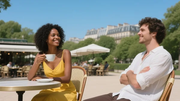 Foule de personnes en tenue estivale dans un parc parisien ensoleillé, terrasses de café animées, ciel bleu sans nuage, ambiance de week-end radieux