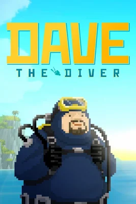 Affiche promotionnelle du jeu Dave the Diver en pixel art, montrant le personnage principal en tenue de plongée devant un décor tropical.