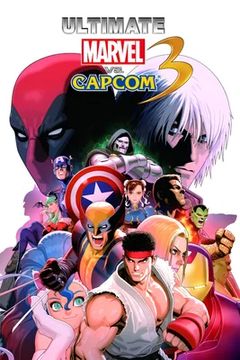 Affiche promotionnelle d'Ultimate Marvel vs. Capcom 3 avec un large éventail de personnages Marvel et Capcom.
