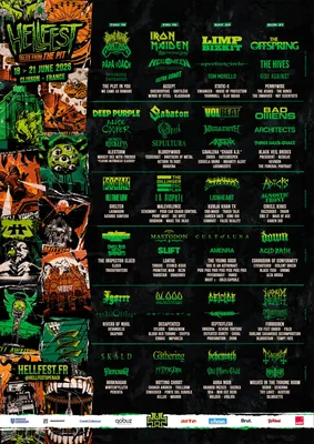 Grille des horaires du Hellfest 2026 présentant les groupes par jour et par scène.