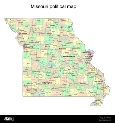 Carte politique du Missouri illustrant les comtés et les villes clés de l'État.