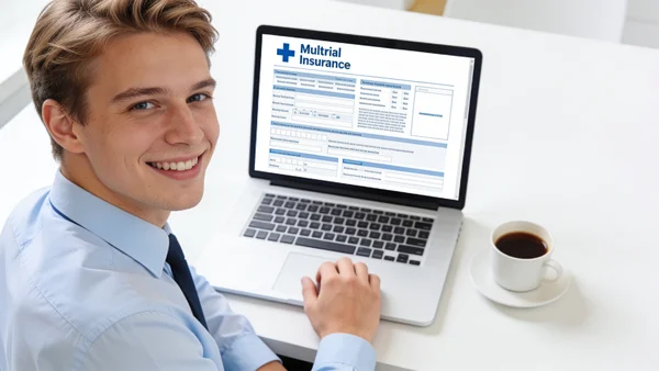 Jeune adulte souriant assis à un bureau, consultant des documents de mutuelle sur son ordinateur portable, tasse de café à côté, lumière naturelle du jour