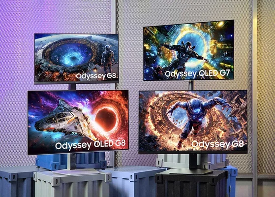 Présentation promotionnelle des moniteurs Samsung Odyssey gaming 2026.