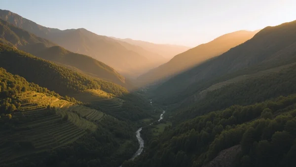 Vue aérienne d'une vallée verdoyante en Afghanistan, avec des terrasses boisées sur les pentes montagneuses, lumière du soleil couchant, ciel dégagé