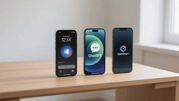 Trois smartphones côte à côte : un iPhone avec Siri, un autre avec l'icône ChatGPT, et un troisième avec l'icône Gemini, posés sur un bureau, lumière naturelle