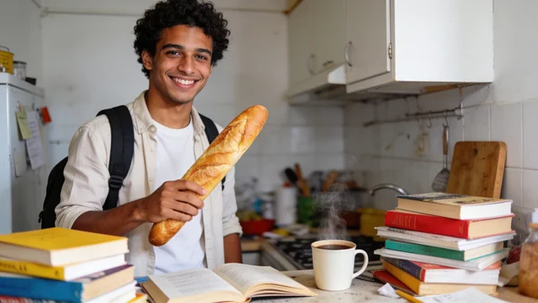 Étudiant souriant tenant une baguette fraîche dans une petite cuisine en désordre, lumière naturelle du matin, arrière-plan flou avec livres et tasse de café