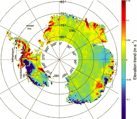 Carte des tendances d'altitude en Antarctique : gain de glace en rouge/jaune, perte en bleu/violet.