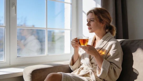 Une femme en peignoir, assise sur un canapé, une tasse de thé à la main, regard par la fenêtre, lumière douce du matin, expression calme mais un peu triste