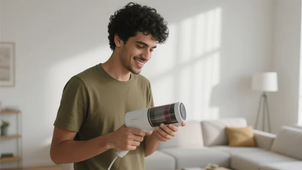 Un jeune homme dans un salon moderne, tenant un aspirateur-balai, regard avec satisfaction l'appareil, composition en plan moyen, ambiance positive et pratique.