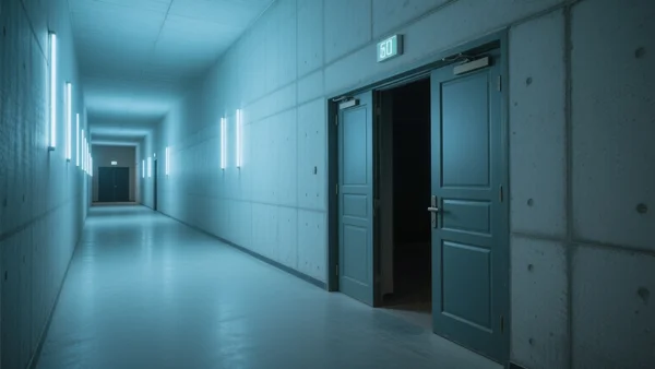 Couloir vide d'une université française, néons blafards, murs en béton gris, porte d'amphithéâtre entrouverte, atmosphère silencieuse et légèrement inquiétante
