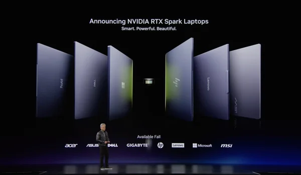 Présentation officielle des PC portables Nvidia RTX Spark lors d'un événement, avec six modèles de différents fabricants.