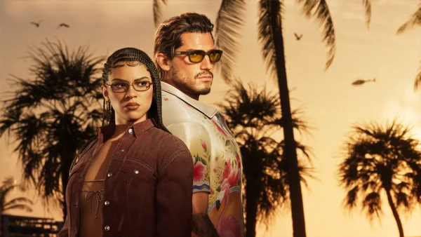 Rendu numérique ou capture d'écran de GTA VI montrant deux personnages dos à dos sous un coucher de soleil tropical.