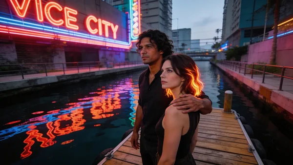 Jason et Lucia debout sur un ponton en bois au bord d'un canal de Vice City, Lucia regardant au loin, Jason la main sur son épaule, lumières néon des immeubles se reflétant dans l'eau, ambiance nocturne