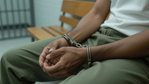 Gros plan sur des menottes en métal autour de poignets, mains d'une personne assise sur un banc en bois dans un centre de rétention, éclairage froid et institutionnel