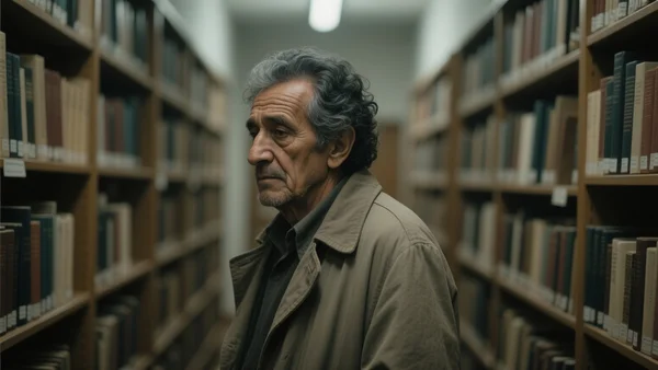 Homme âgé aux cheveux grisonnants vêtu d'un manteau usé, debout dans une bibliothèque universitaire, étagères remplies de livres derrière lui, lumière tamisée, regard perdu