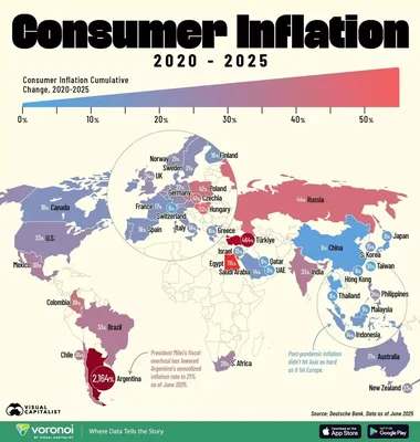 Hausse cumulée de l'inflation à la consommation estimée de 2020 à 2025, visualisée par pays.