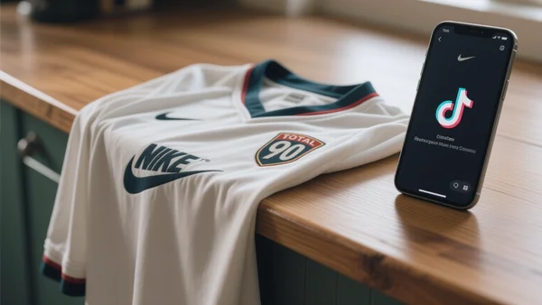 Plan serré sur un maillot de foot rétro Nike Total 90 posé sur un comptoir en bois, à côté d'un téléphone affichant TikTok, lumière naturelle tamisée