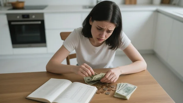 Jeune femme assise à une table de cuisine, comptant des pièces de monnaie et des billets, un carnet de comptes ouvert devant elle, expression préoccupée, vue en plongée sur la table