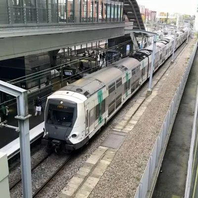Train RER à quai dans une gare aérienne, avec des voyageurs attendant sur le quai.