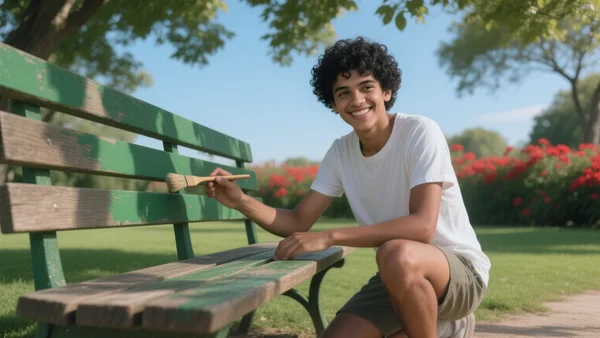 Adolescent souriant en train de peindre un banc en bois dans un parc municipal, pinceau à la main, soleil d'été, tenue décontractée