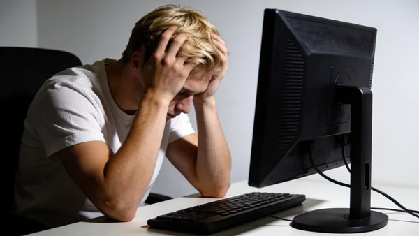 Jeune homme assis à un bureau, tête entre les mains, ordinateur éteint, lumière tamisée, expression de stress et d'épuisement