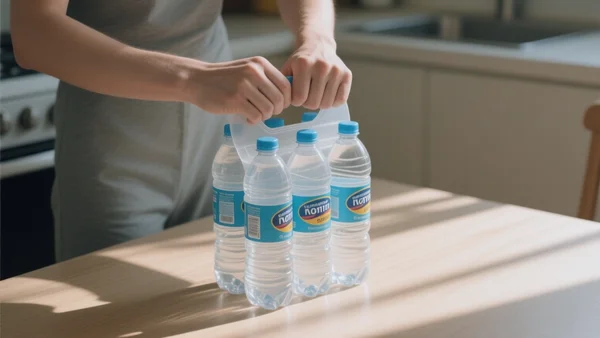 Gros plan sur les mains d'une personne tenant un pack de six bouteilles d'eau par sa poignée en plastique, dans une cuisine ensoleillée, le pack est posé sur une table, intention éditoriale : montrer concrètement l'objet de l'exemption réglementaire, ton neutre et informatif